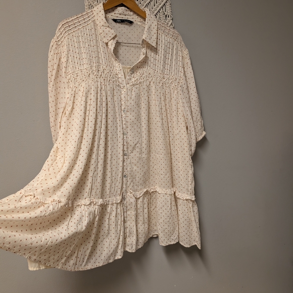 Zara Dresses & Skirts - Zara Cream Mini Dress Tiered Ruffle Cottagecore Baby doll Polka Dot Cotton Large